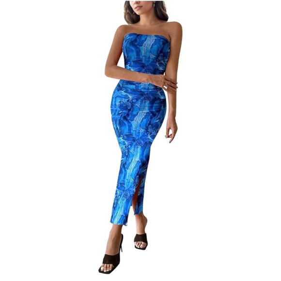 Womens Elegant Large Strapless Tube Top Blue Floral Bodycon Maxi Dress Party - Picture 3 of 12